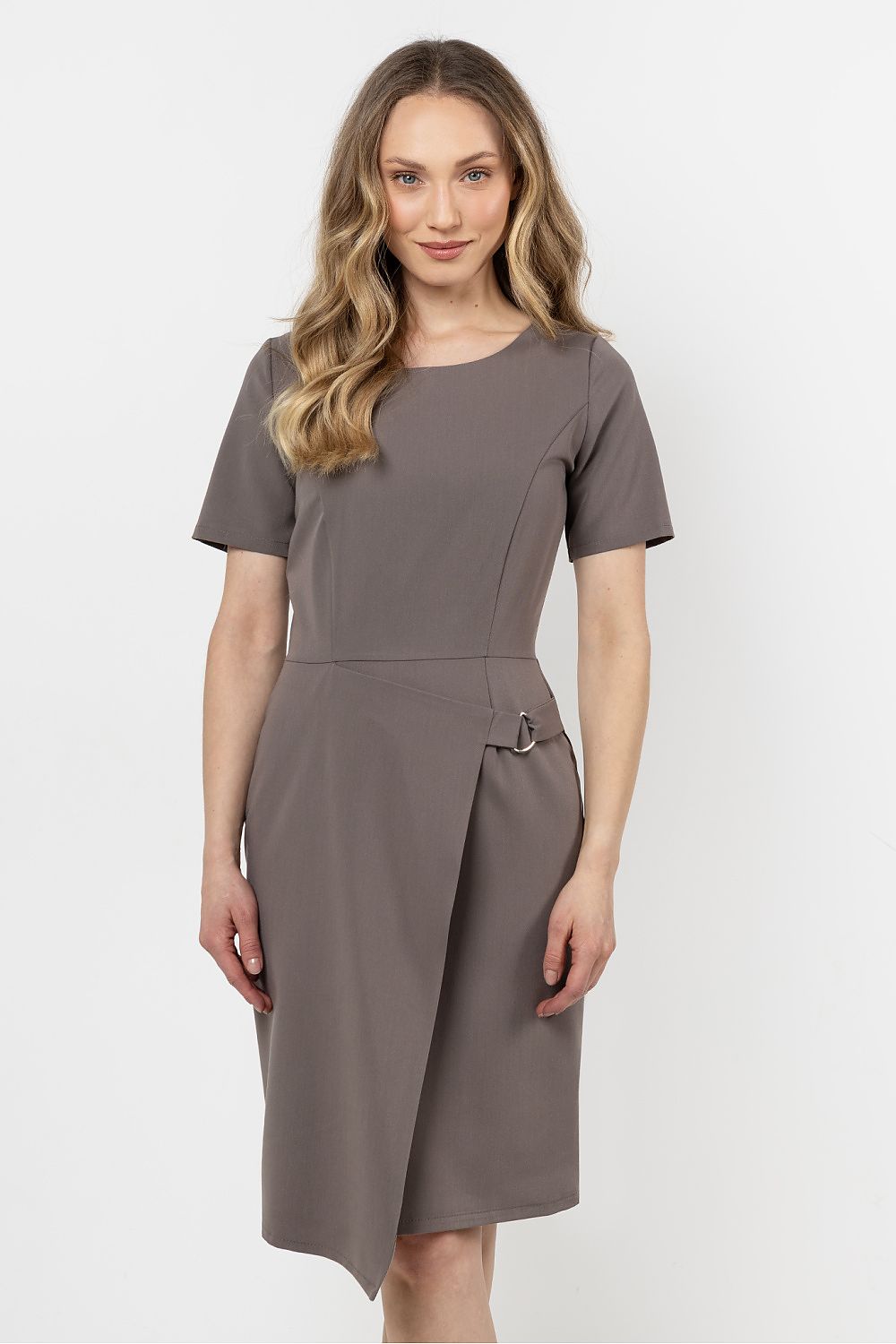 Knee Length Dress – Round Neck, Sheath, Asymmetric Hem – Daydress | GUOCALI