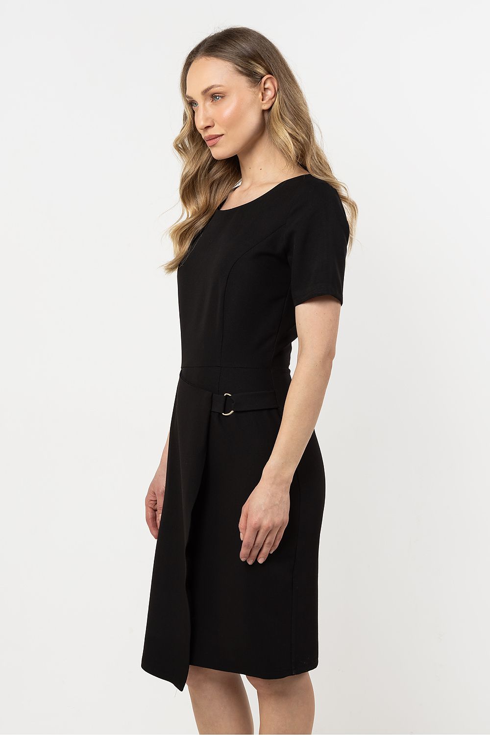 Knee Length Dress – Round Neck, Sheath, Asymmetric Hem – Daydress | GUOCALI – view 12