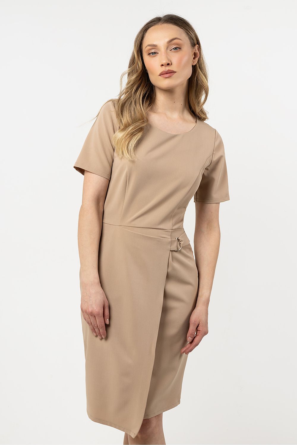 Knee Length Dress – Round Neck, Sheath, Asymmetric Hem – Daydress | GUOCALI – view 13