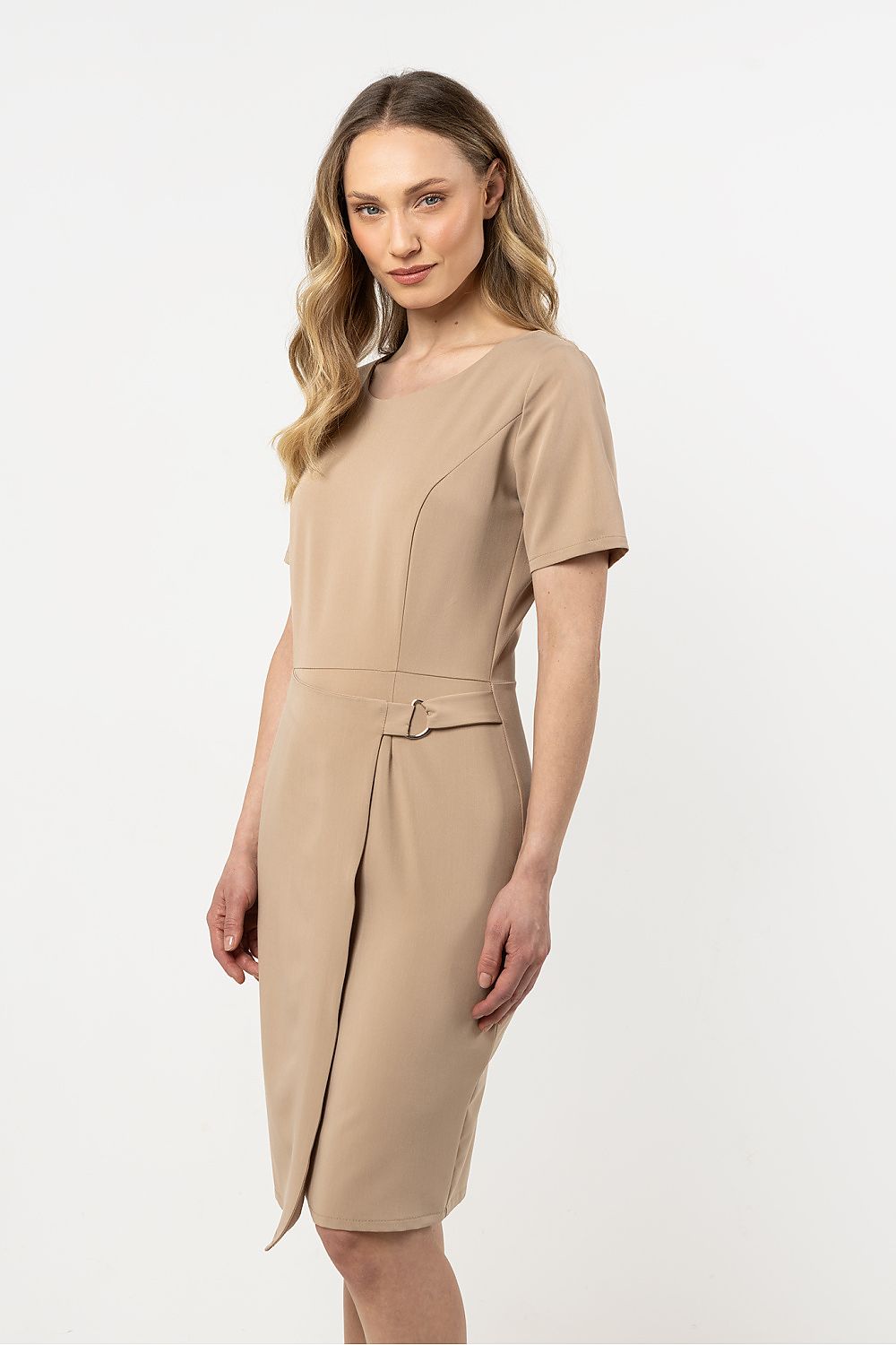 Knee Length Dress – Round Neck, Sheath, Asymmetric Hem – Daydress | GUOCALI – view 14