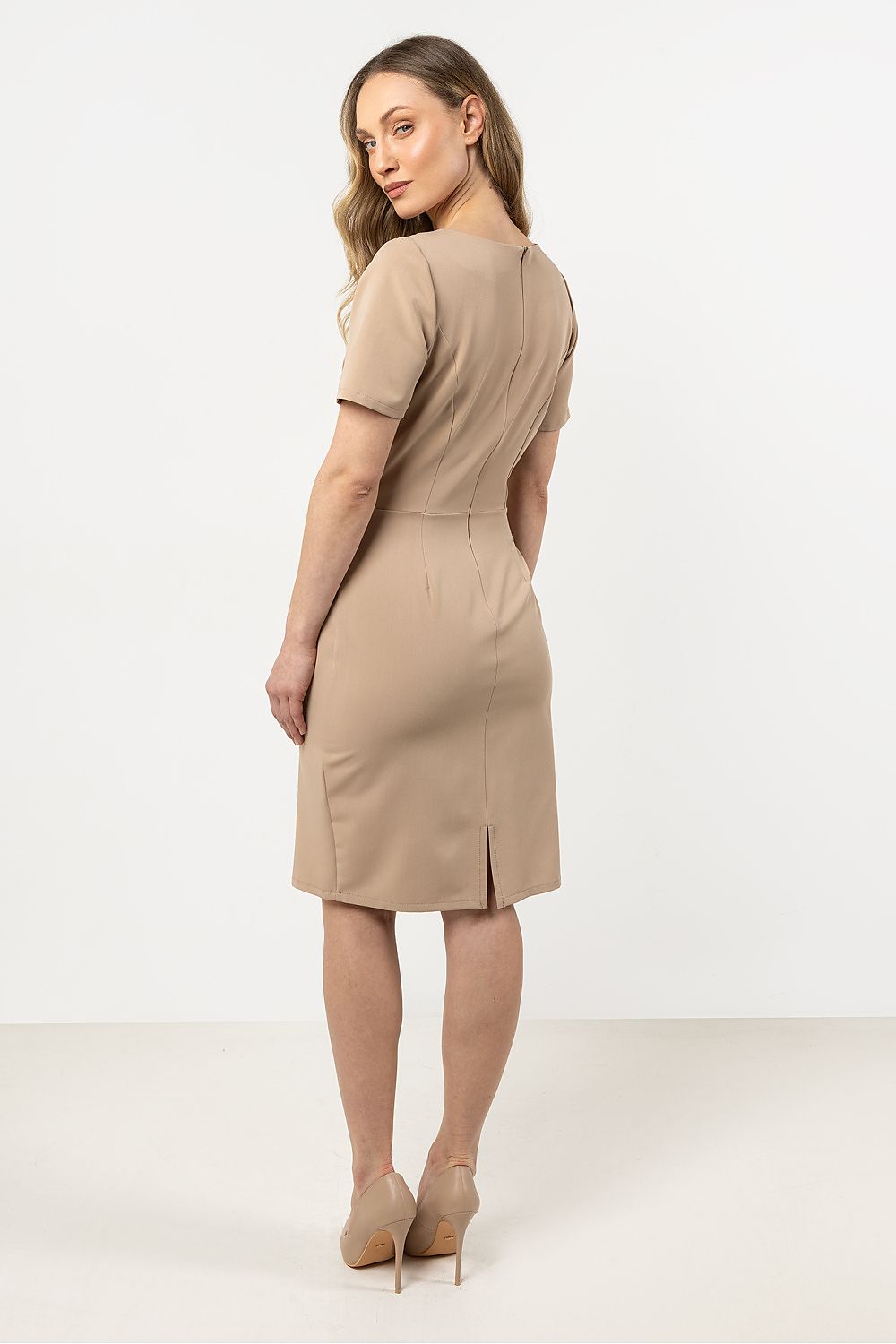 Knee Length Dress – Round Neck, Sheath, Asymmetric Hem – Daydress | GUOCALI – view 15