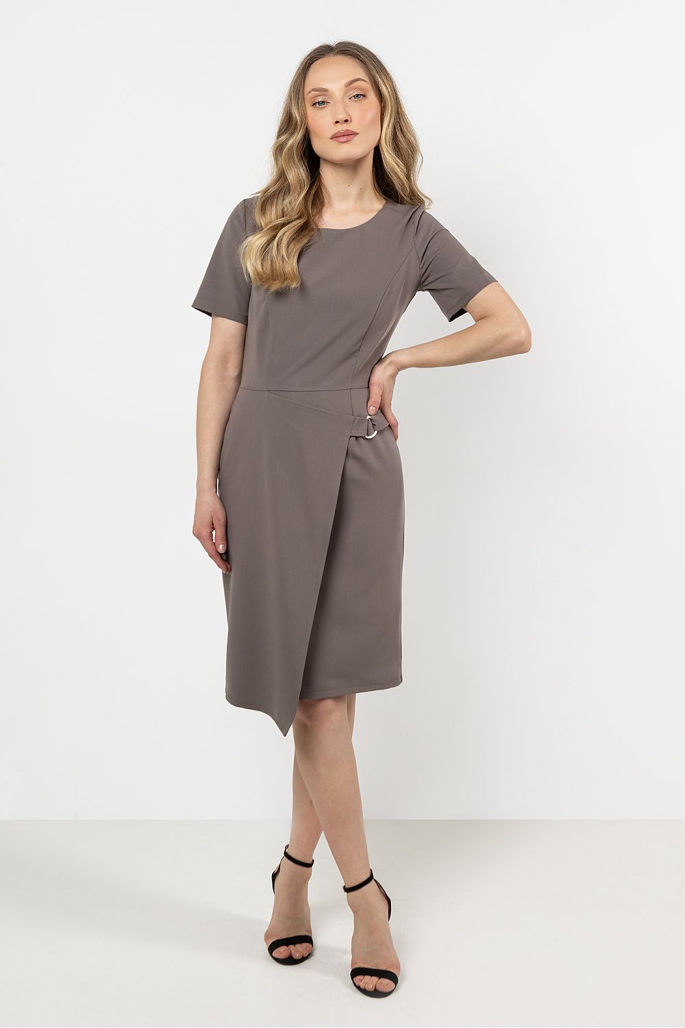 Knee Length Dress – Round Neck, Sheath, Asymmetric Hem – Daydress | GUOCALI – view 2