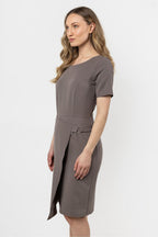 Knee Length Dress – Round Neck, Sheath, Asymmetric Hem – Daydress | GUOCALI – view 4