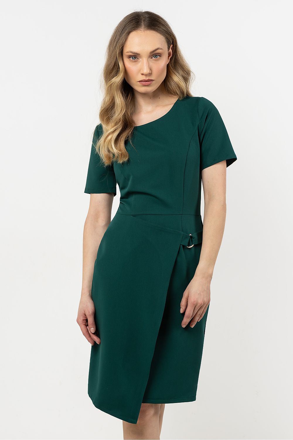 Knee Length Dress – Round Neck, Sheath, Asymmetric Hem – Daydress | GUOCALI – view 5