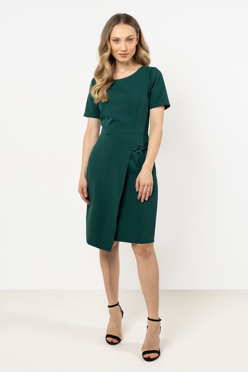 Knee Length Dress – Round Neck, Sheath, Asymmetric Hem – Daydress | GUOCALI – view 6
