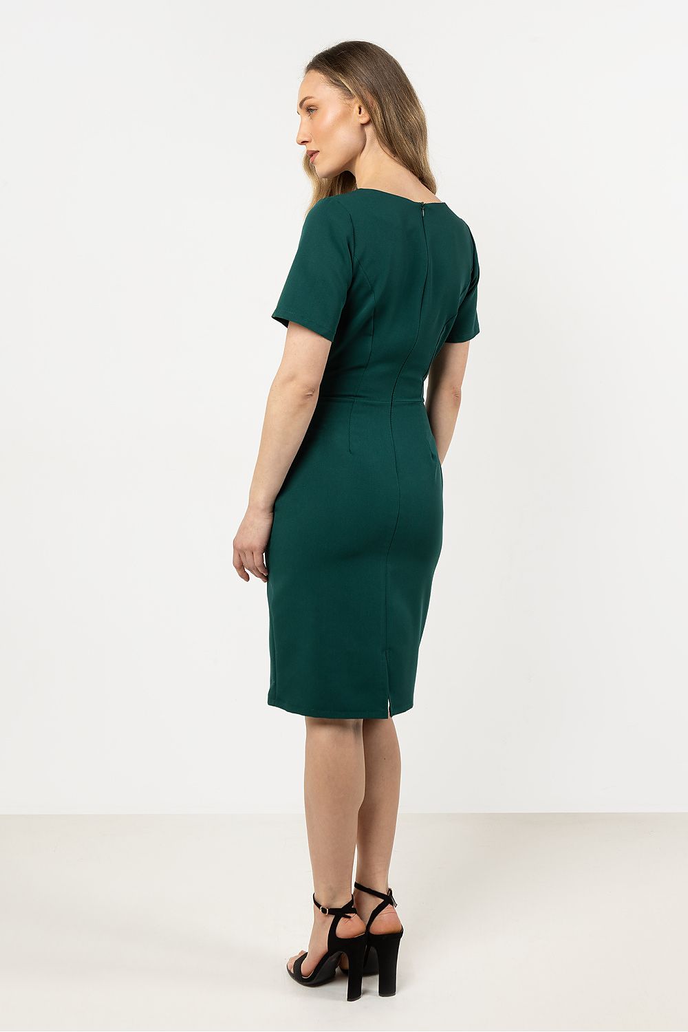 Knee Length Dress – Round Neck, Sheath, Asymmetric Hem – Daydress | GUOCALI – view 7