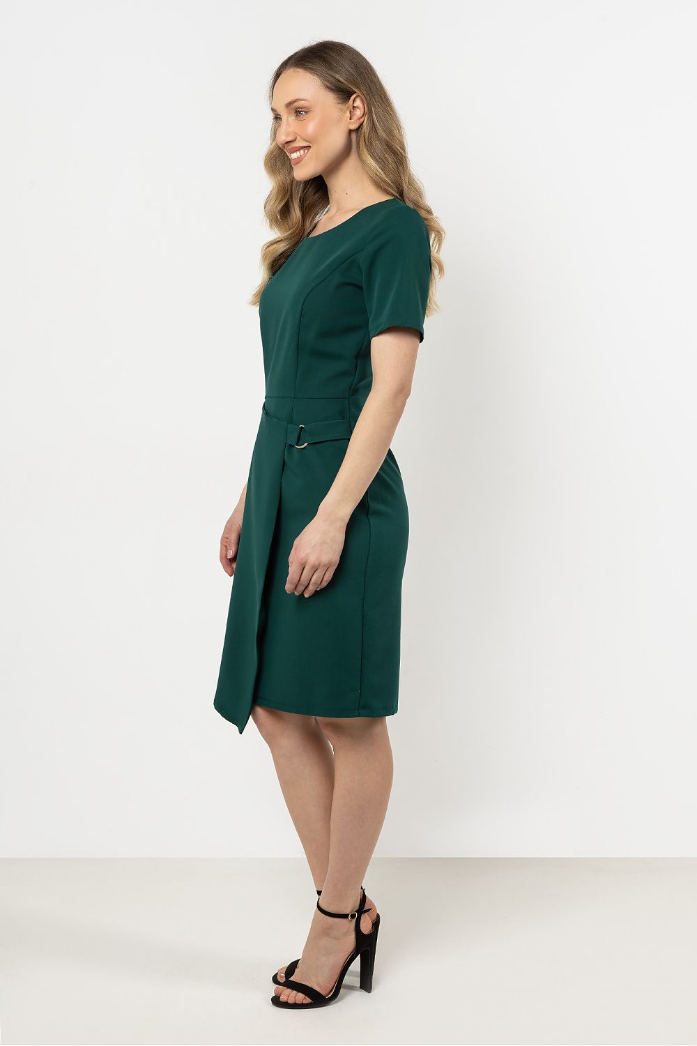 Knee Length Dress – Round Neck, Sheath, Asymmetric Hem – Daydress | GUOCALI – view 8