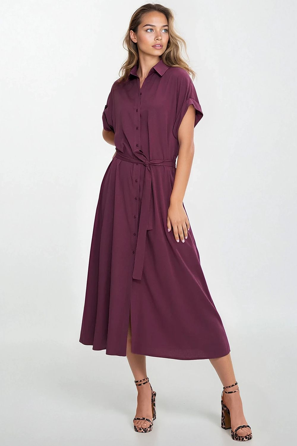 Knee Length Shirt Dress – Round Neck, A-Line, Pockets – Daydress | GUOCALI