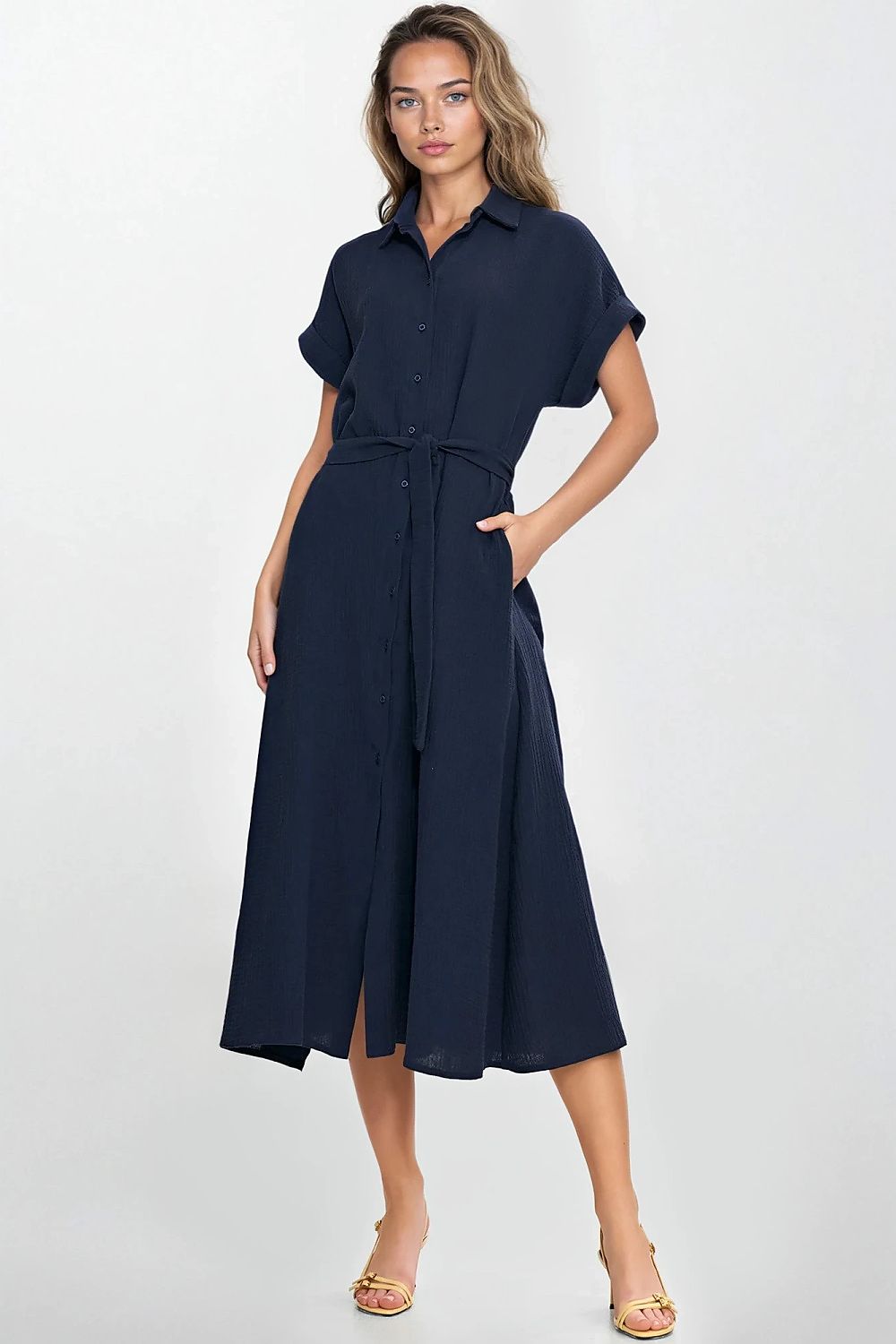 Knee Length Shirt Dress – Round Neck, A-Line, Pockets – Daydress | GUOCALI – view 8