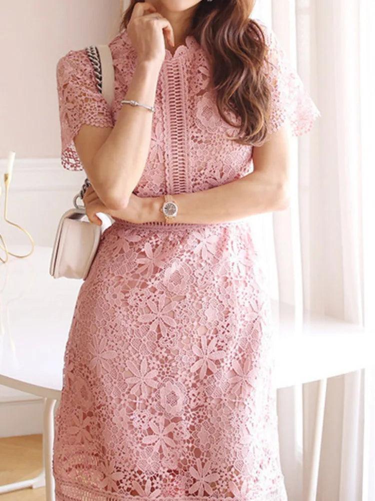 Lace Hollow Midi Waist Dress - Waist Dress - Guocali