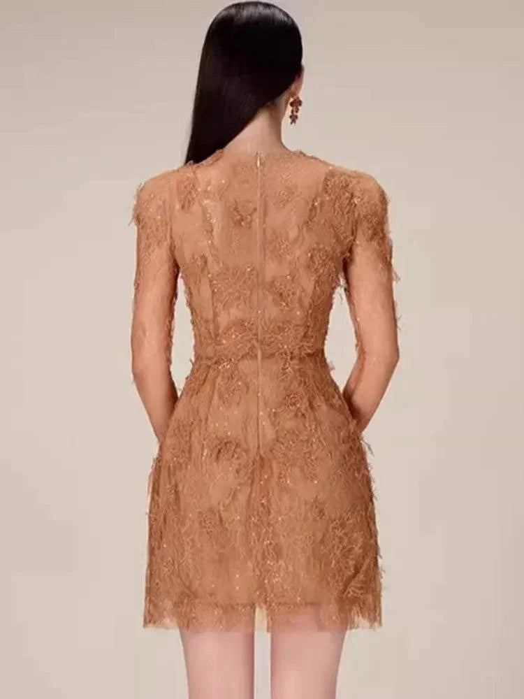 Lace Long Sleeve 3D Petal Dress – Elegant A-Line Short Dress -Guocali
