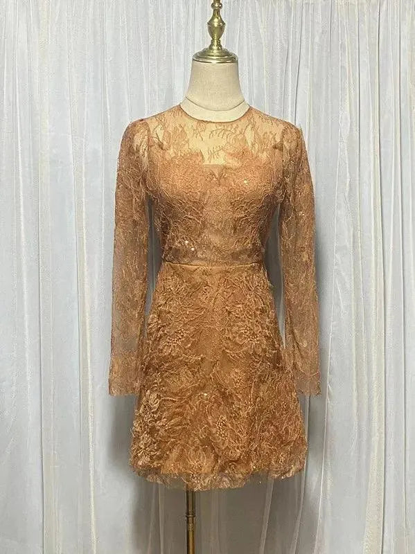 Lace Long Sleeve 3D Petal Dress – Elegant A-Line Short Dress -Guocali