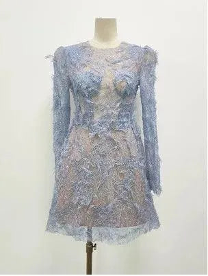 Lace Long Sleeve 3D Petal Dress – Elegant A-Line Short Dress -Guocali