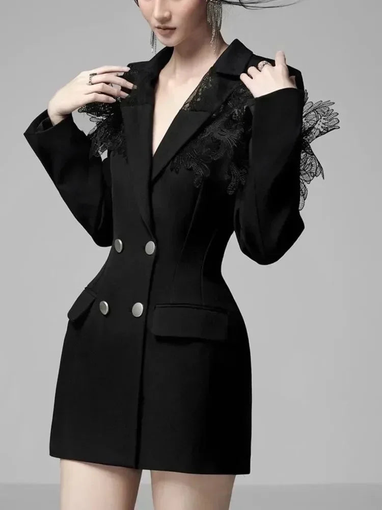 Lace Patchwork Notched Collar Blazer Dress -Guocali