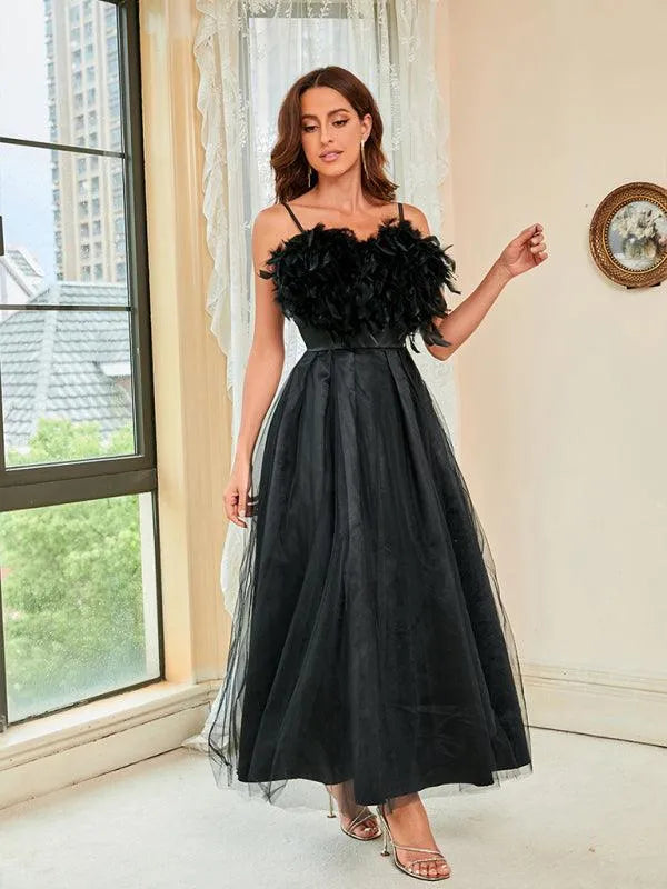 Ladies Feather Sling Mesh Party Dress -Guocali
