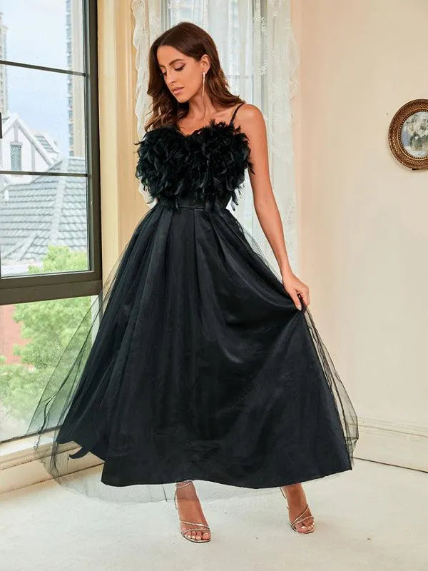 Ladies Feather Sling Mesh Party Dress -Guocali