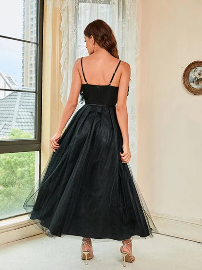 Ladies Feather Sling Mesh Party Dress -Guocali