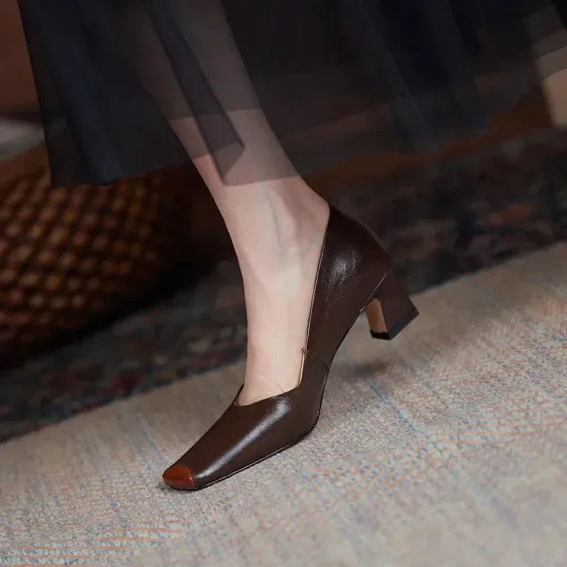 Leather Square Toe Women Pumps -Guocali