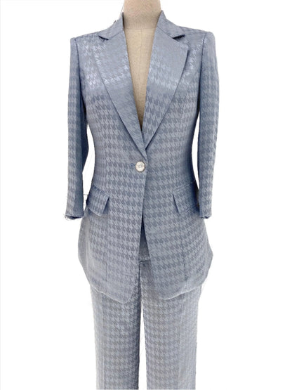 Light Blue Plaid Pant Suit, Thin Women Trouser Suit - Pantsuit - Guocali