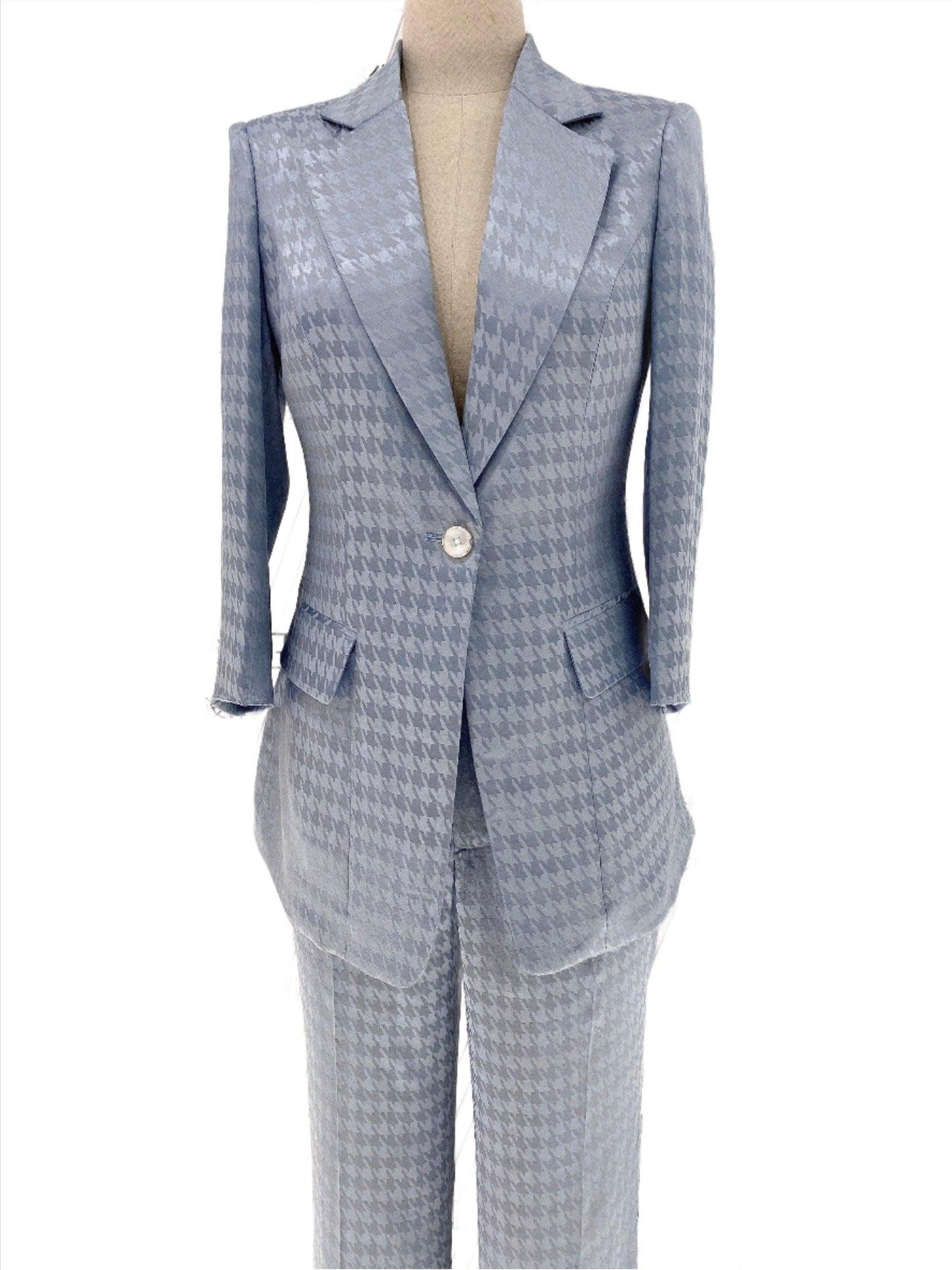 Light Blue Plaid Pant Suit, Thin Women Trouser Suit - Pantsuit - Guocali