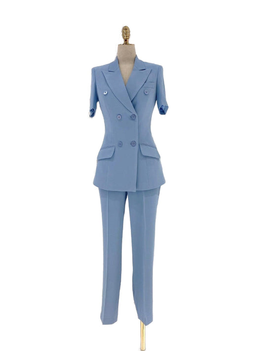 Light Blue Short Sleeve Slim Pant Suit - Thin Fabric - Pantsuit - Guocali