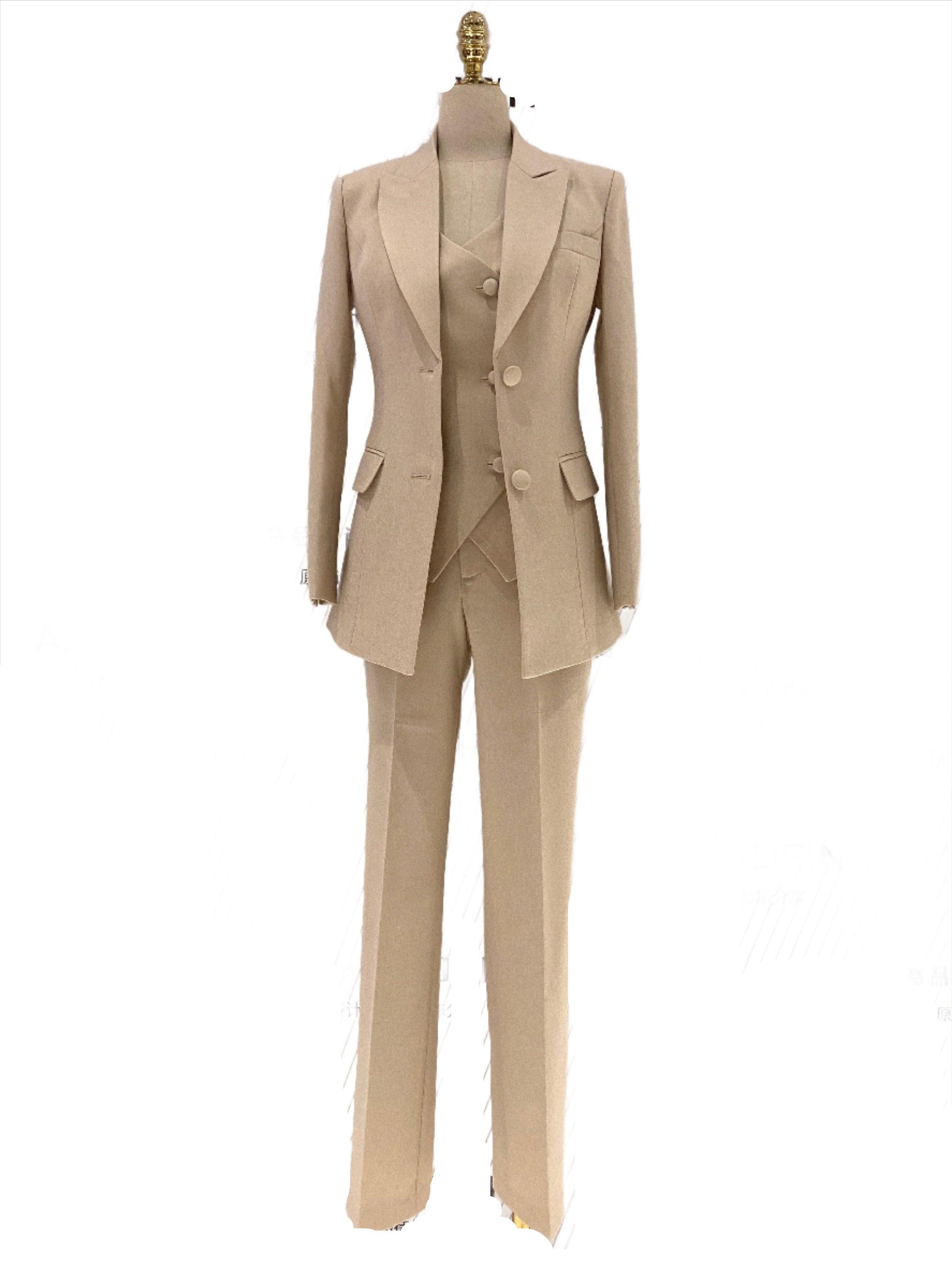 Light Khaki Women Pant Suit - Three Piece Trouser Suit - Pantsuit - Guocali