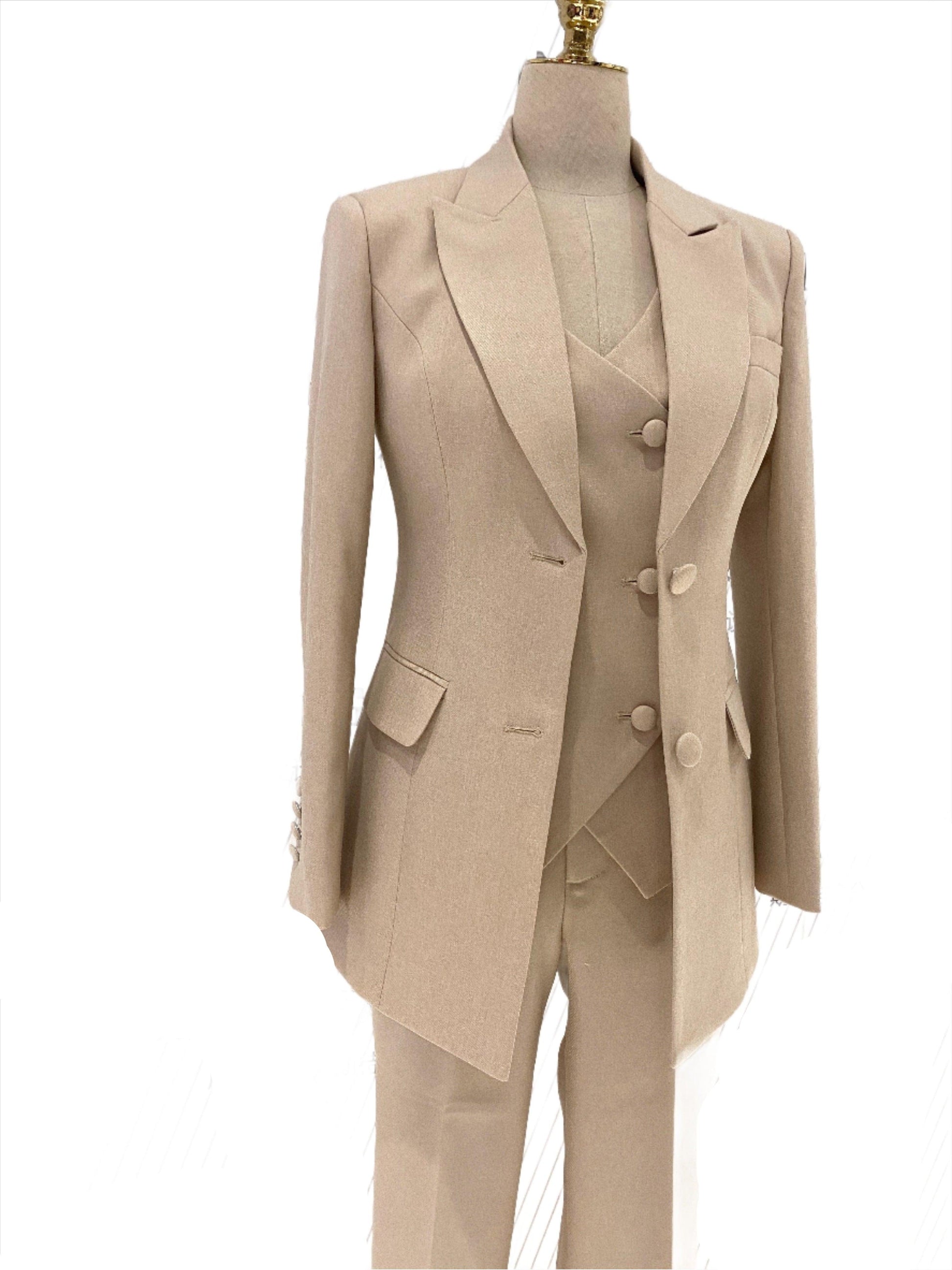 Light Khaki Women Pant Suit - Three Piece Trouser Suit - Pantsuit - Guocali