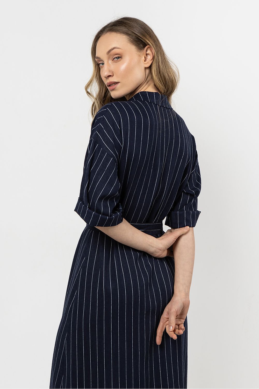 Linen Maxi Shirt Dress – Stand Collar, Stripes – Daydress | GUOCALI – view 2