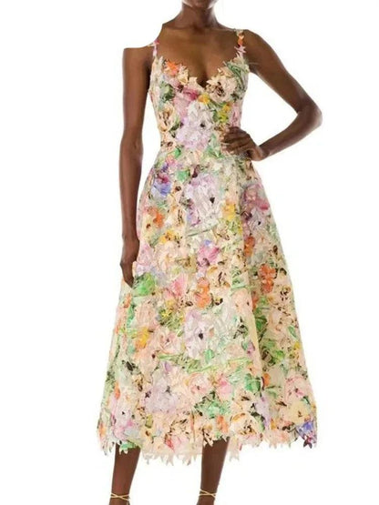 Long Printed 3D Flower Dress - Long Dress - Guocali