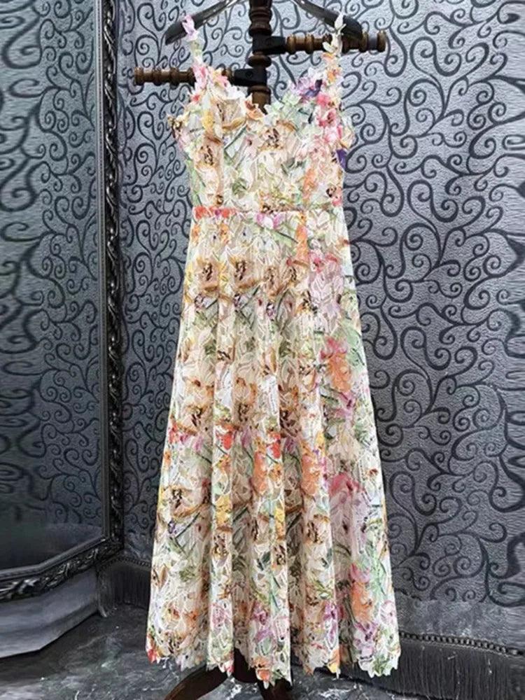 Long Printed 3D Flower Dress - Long Dress - Guocali