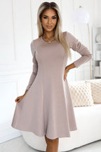 Long Sleeve Knee-Length Trapeze Dress – Cosy Stretch Fabric, Beige | GUOCALI
