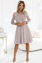 Long Sleeve Knee-Length Trapeze Dress – Cosy Stretch Fabric, Beige | GUOCALI – view 2