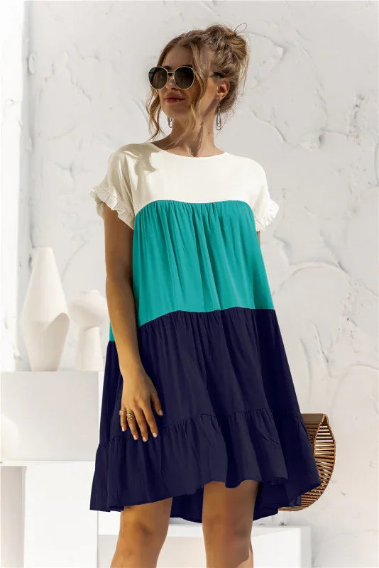 Loose Shirt Dress – Round Neck, Color Block – Shirt Dress | GUOCALI – view 4