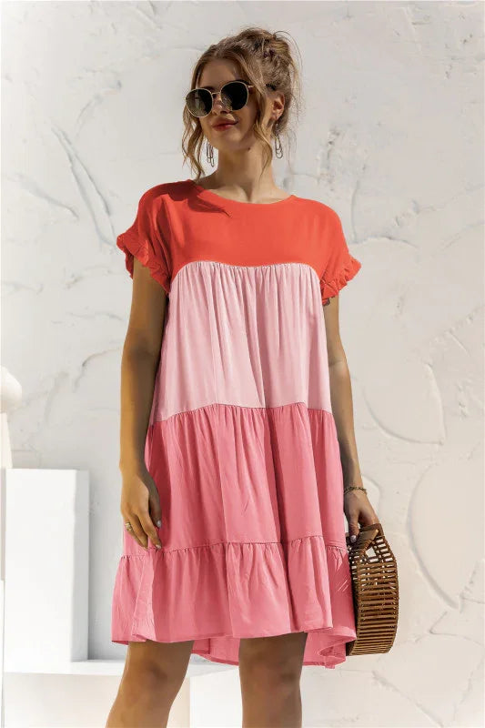 Loose Shirt Dress – Round Neck, Color Block – Shirt Dress | GUOCALI – view 5