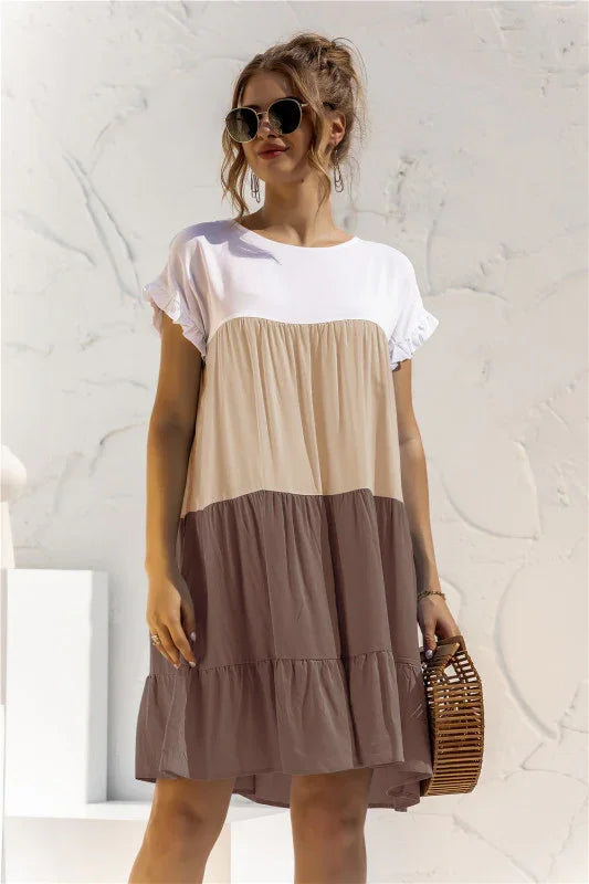 Loose Shirt Dress – Round Neck, Color Block – Shirt Dress | GUOCALI – view 6