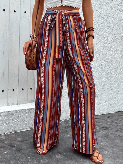 Chic Women Wide Leg Pants – High-Waist Striped Polyester