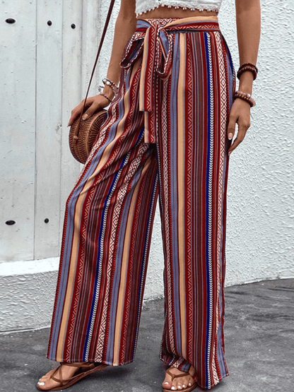 Chic Women Wide Leg Pants – High-Waist Striped Polyester