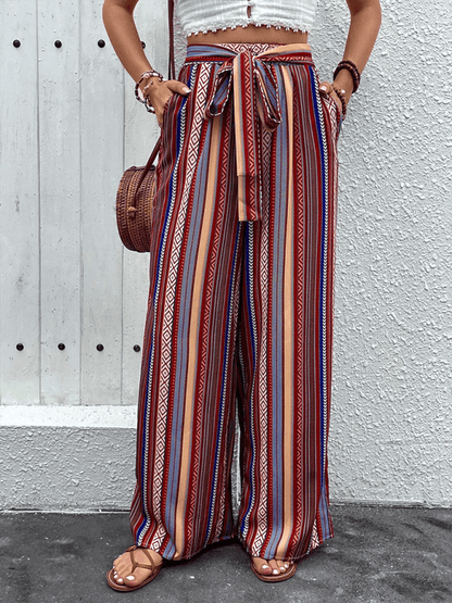 Chic Women Wide Leg Pants – High-Waist Striped Polyester
