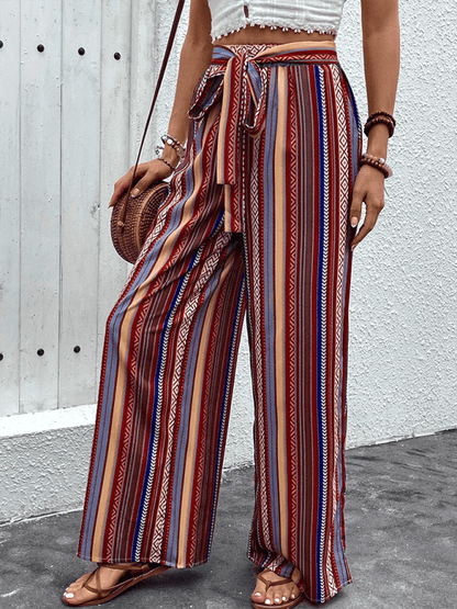 Chic Women Wide Leg Pants – High-Waist Striped Polyester