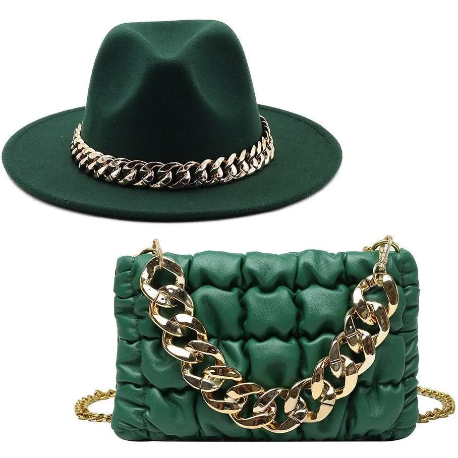 Luxury Fedora Hat And Oversized Chain Handbag -Guocali