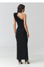 Maxi Dress – Asymmetric Neck, Fitted Cut, Ruching, Black – Daydress | GUOCALI – view 3