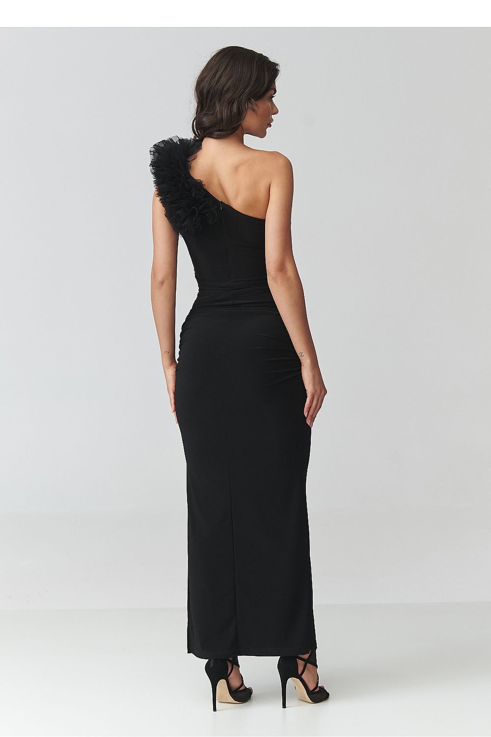 Maxi Dress – Asymmetric Neck, Fitted Cut, Ruching, Black – Daydress | GUOCALI – view 3