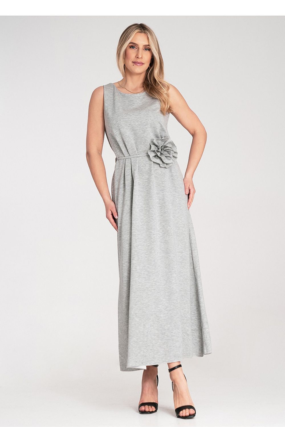 Maxi Dress – Round Neck, A-Line, Floral Belt – Daydress | GUOCALI