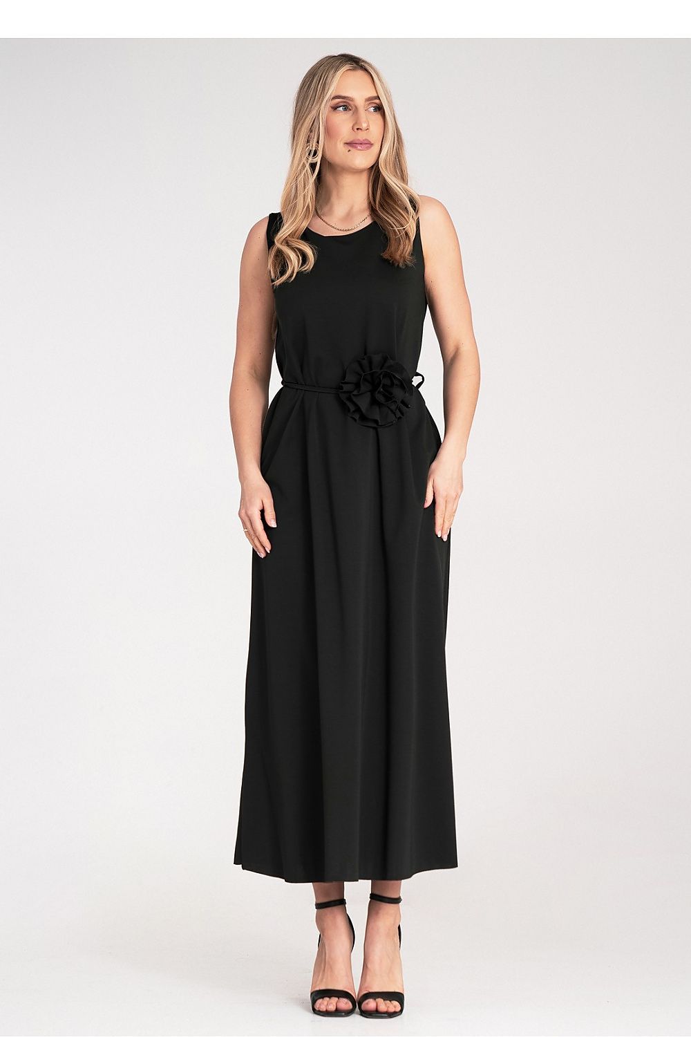 Maxi Dress – Round Neck, A-Line, Floral Belt – Daydress | GUOCALI – view 5