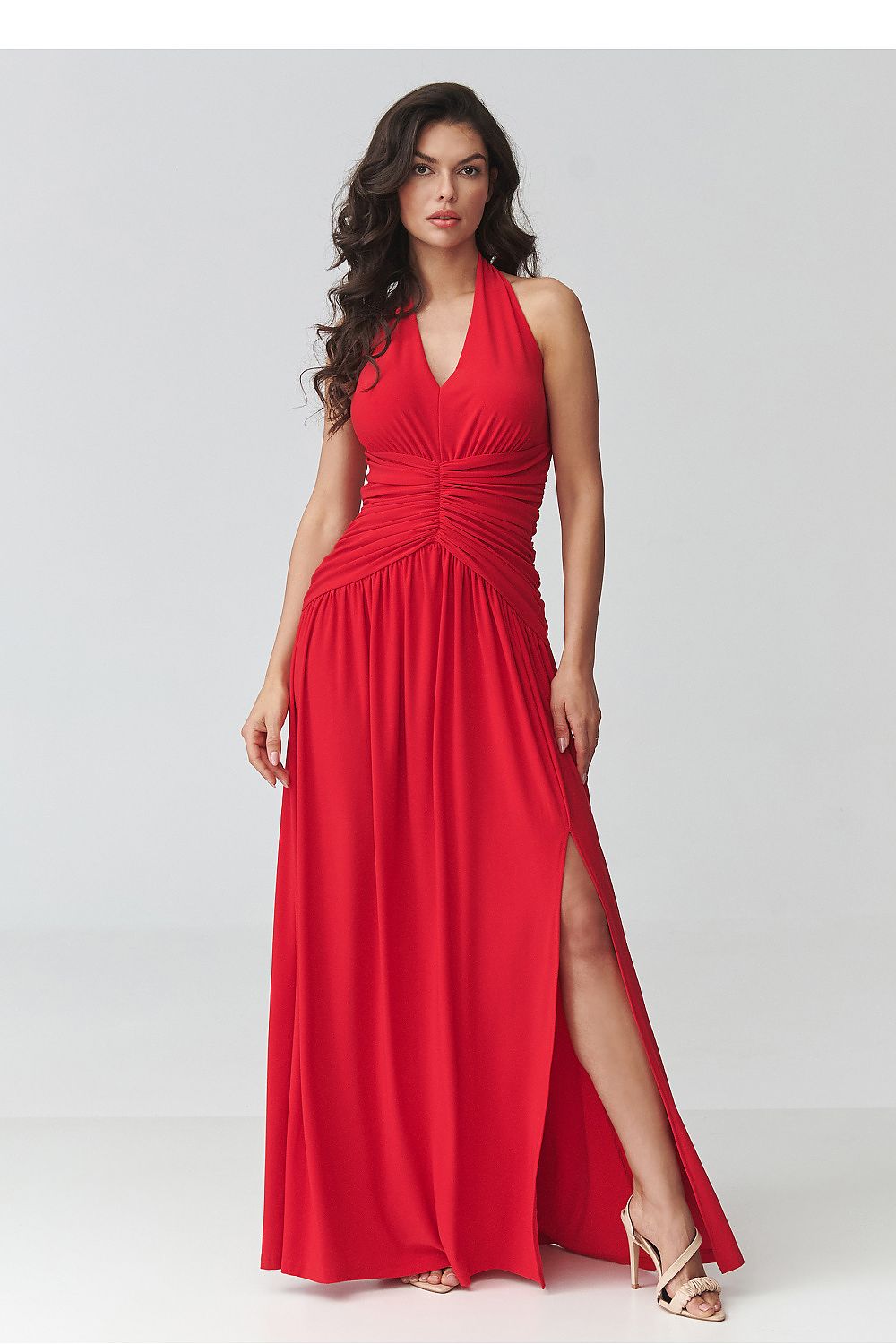 Maxi Wedding Guest Dress – V-Neck, Fitted Cut, Ruching – Daydress | GUOCALI