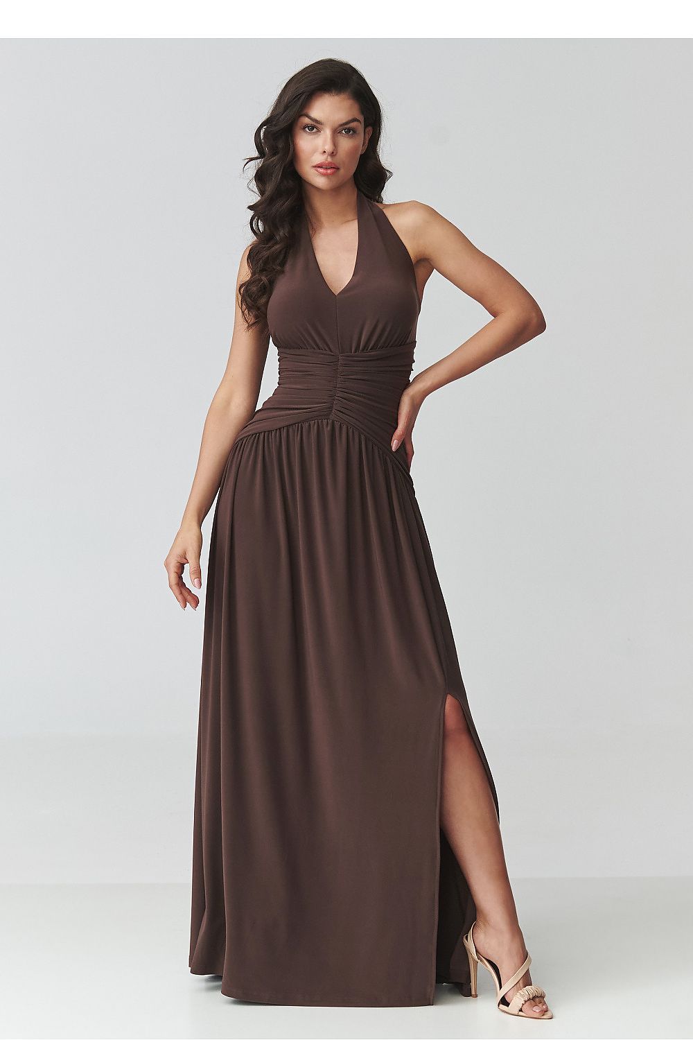 Maxi Wedding Guest Dress – V-Neck, Fitted Cut, Ruching – Daydress | GUOCALI – view 4