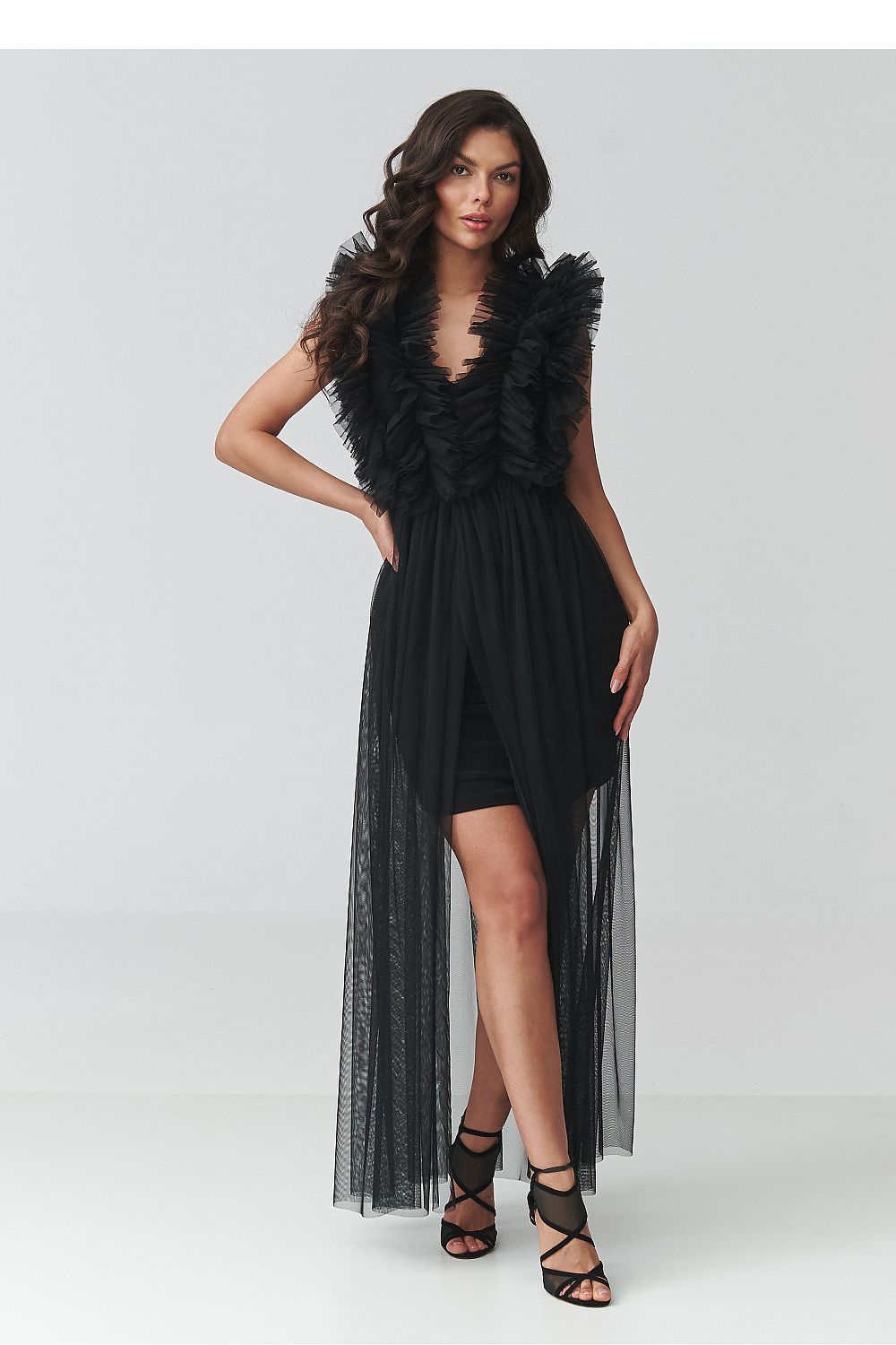 Maxi Wedding Guest Dress – V-Neck, Fitted Cut, Tiered Skirt, Black – Daydress | GUOCALI – view 2