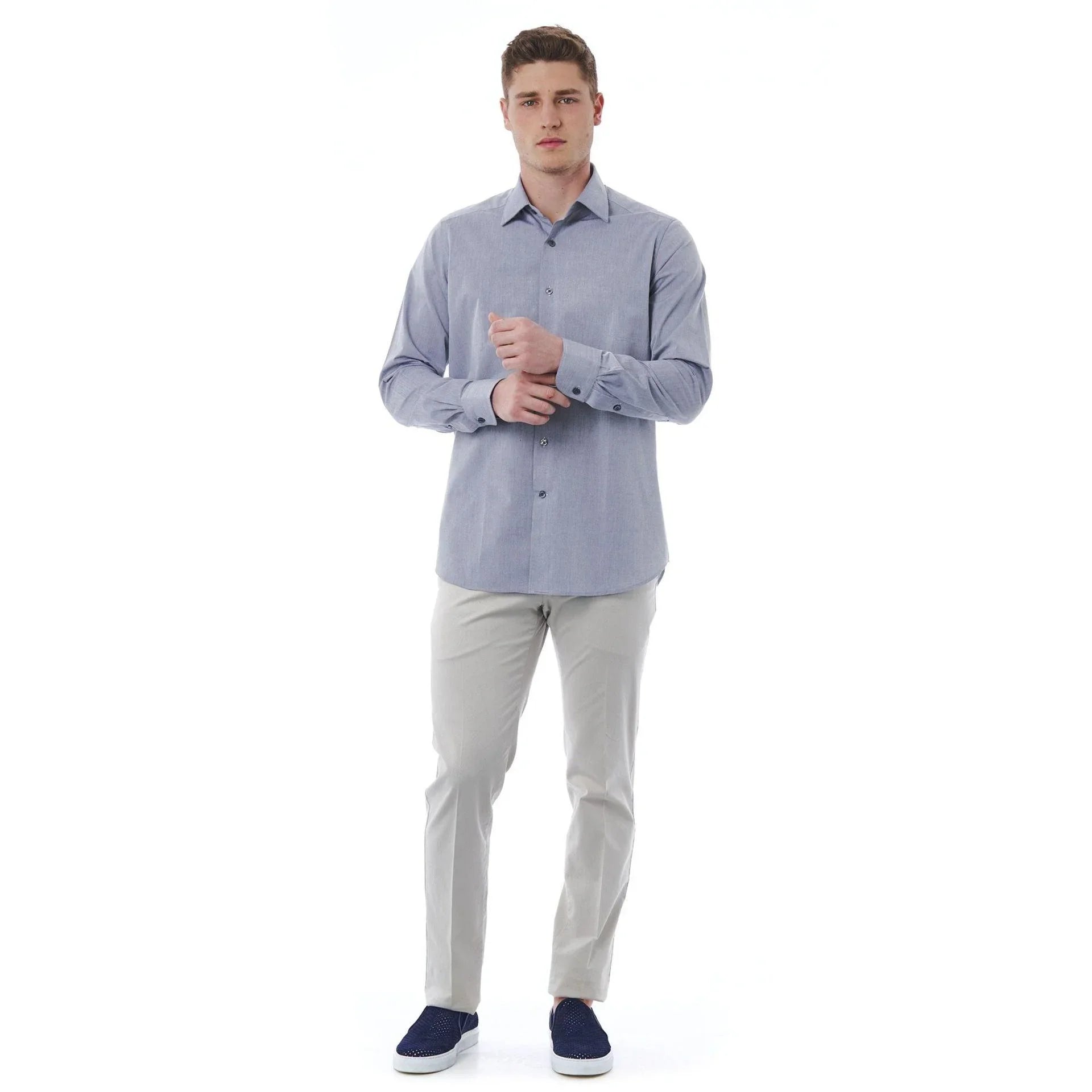 Men Cotton Long Sleeves Regular Fit Dress Shirt – Breathable - Blue -Guocali
