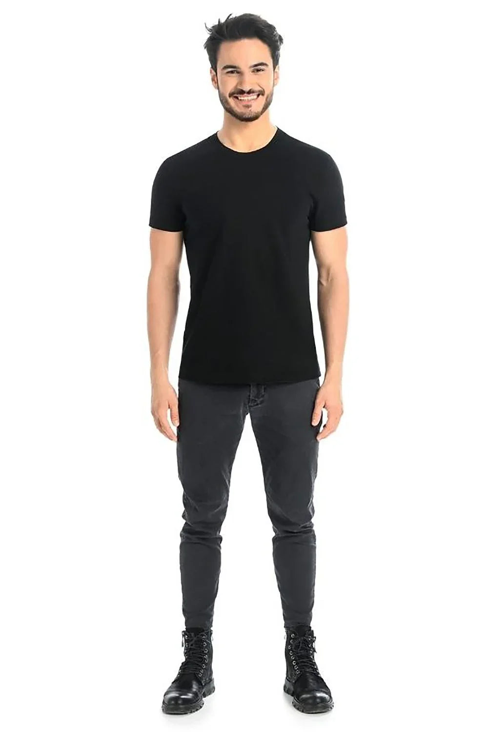 Men Crew-Neck Short-Sleeves T-Shirt – Stretchable - Black -Guocali