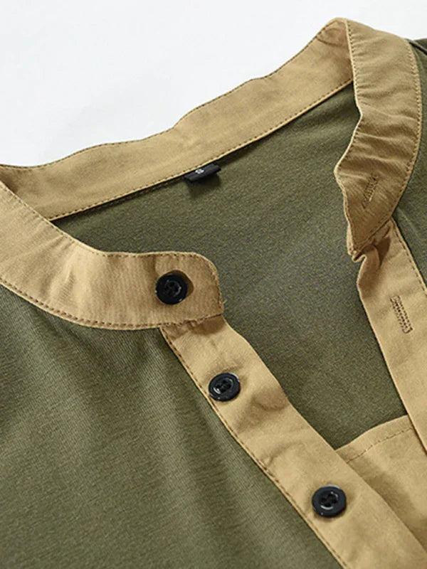 Men Henley Long-Sleeves T-Shirt – Breathable - Green, Beige -Guocali